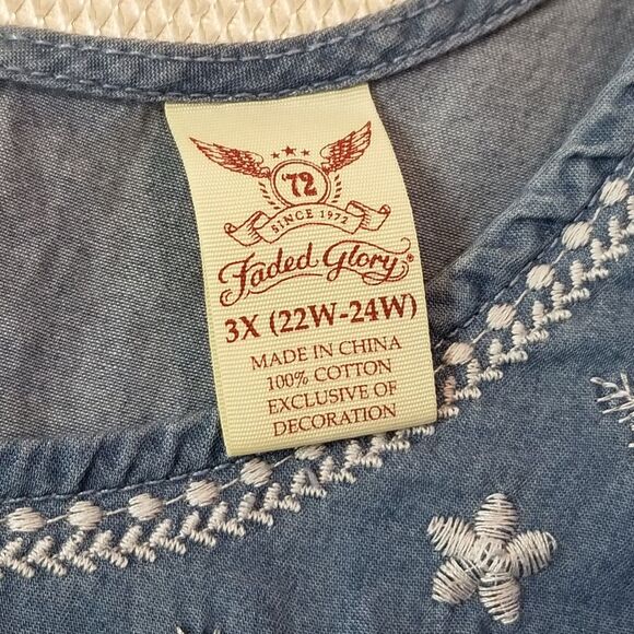 Faded Glory 3X Dress 100% Cotton Chambray Sleeveless Embroidered Floral Boho - Picture 6 of 8